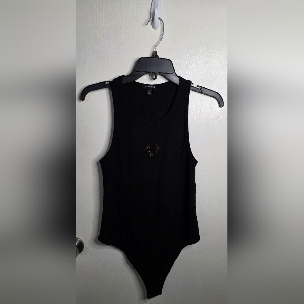 True Religion Paneled Black Gold Crystal Horseshoe Bodysuit